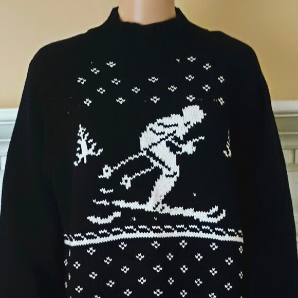 Chaps Mock Turtleneck Ski Sweater XL Womens Black & White Stretch - Picture 2 of 8